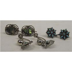 Three Pair Turquoise Sterling Screwback Earrings