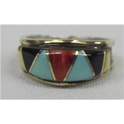 Zuni Channel Inlaid Turquoise Coral Silver Ring