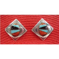 Large Hopi Channel Inlay Sterling Pierced Earrings