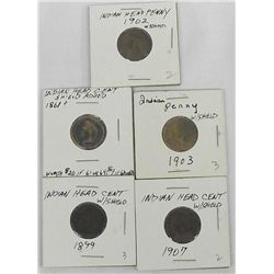 Five Indian Head Cent with Shield Coins