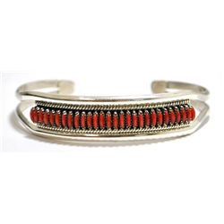 Zuni Coral Needlepoint Sterling Silver Cuff Bracelet - Edith Tsabetsaye