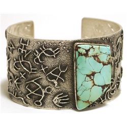 Navajo Spider Web Turquoise Sterling Silver Tufa Cast Cuff Bracelet - Philander B Begay
