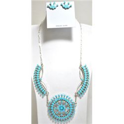 Zuni Turquoise Sterling Silver Necklace & Earrings Set - Fadrian & Vivica Bowannie