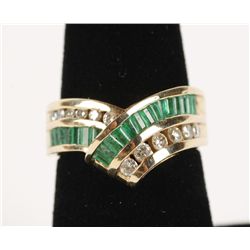 Unique 14K YG Channel Set Emerald & Diamond Ring