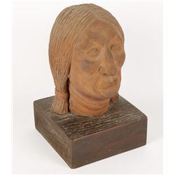 Indian Brave Clay Head on Wood Base