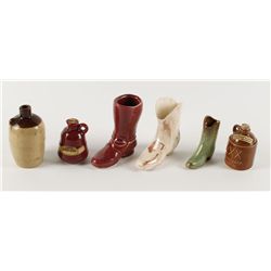 3 Mini Whiskey Jugs & 3 Pottery Western Boots