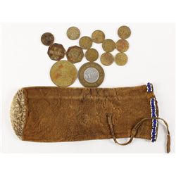 Gold Poke with Beaded Trim and 14 Tokens