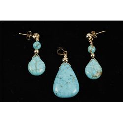 14K YG Turquoise Dangle Earrings & Pendant