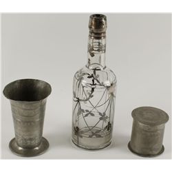 Silver Painted Whiskey Bottle & 2 Pewter cups