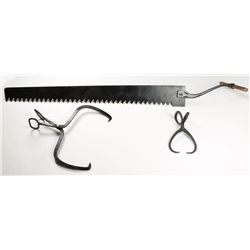 Ice Saw, 2 Ice Clamps, & Fireplace Tools