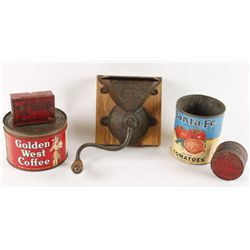 4 Vintage Tins and a Cast Iron Coffee Grinder