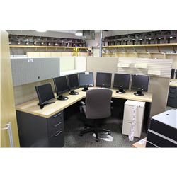 HERMANN MILLER 8 X 8 PANEL WRAP SYSTEM C/W OVERHEAD AND ACCESSORIES