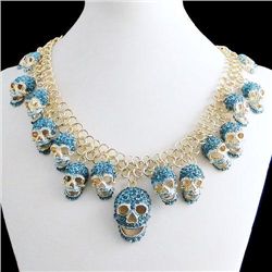 Blue Swarovski Crystal and Gold Tone Skull Pendant