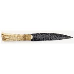 OBSIDIAN FLAKED STONE KNIFE ANTLER HANDLE Handmade