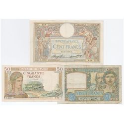 Banque de France, 1937-41 Issue Banknote Trio.