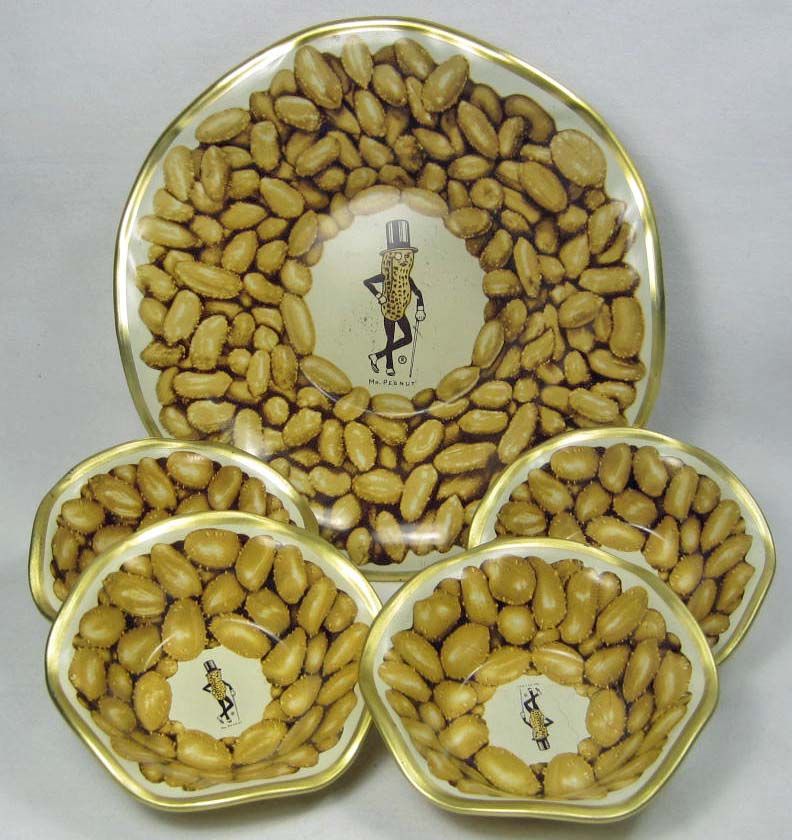 VINTAGE PLANTERS MR. PEANUT SERVING BOWL & NUT DISHES SNACK SET TIN