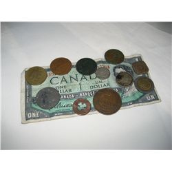 Foreign Coin lot w/ Canada $1 Bill