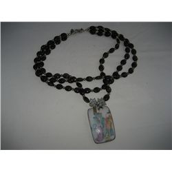 Glass Beaded Necklace w/ Artisan Pendant of Asian Theme  Marked “S” Silver