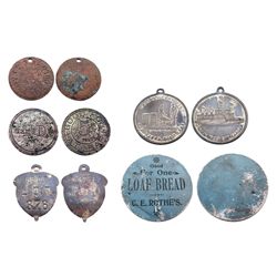 Group of 5 tokens from Leadville,CO 1.)"BLUE BREAD TOKEN" unlisted-Obverse: Good For One LOAF BREAD,