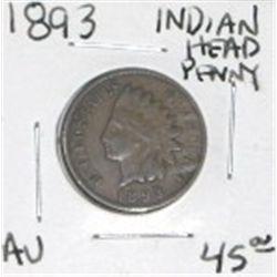1893 INDIAN HEAD PENNY RED BOOK VALUE IS $45.00+ *RARE EARLY AU HIGH GRADE PENNY*!!