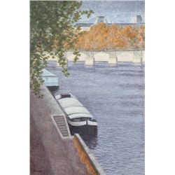 Laurent Marcel Salinas, Peniche a Aquai Devant le Pont des Arts, Oil Painting