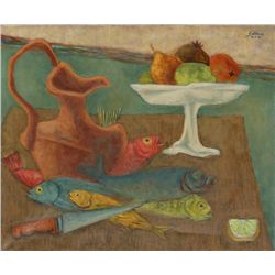 Laurent Marcel Salinas, Untitled - Still Life with Fish and Knife, Oil Painting