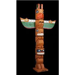 Northwest Coast Totem Carved with Four Figures and Sisiutl Design Wings 31" H. 18 1/2" W.  Good Cond