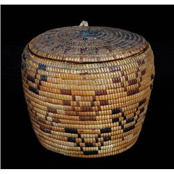 Lillooet Fully Imbricated Lidded Nut Storage Basket ca. 1900  7" D. 5 1/2" H.  Good Condition