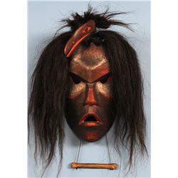 Kwagiulth Tsona Qwe Mask Carved by Beau Dick with Articulated Raven Finial and Horsehair, Carved Yel