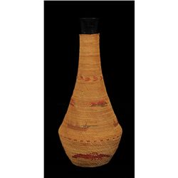Nuu-chah-nulth Basketry Covered Bottle with Canoes, Fish and Sea Monsters Design 10 1/2" H. 5" D.  G