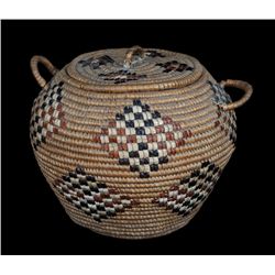 Salish Lidded Acorn Storage Basket with Diamond Design ca. 1910  9" D. 7" H.  Good Condition