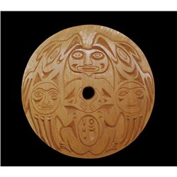 Coast Salish Spindle Whirl Carved with Two Ravens and Weaver with Labret - Yellow Cedar 10" D.  Fine