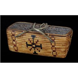 Lillooet Fully Imbricated Lidded Basket with Snowflake Design ca. 1900  11 1/2" L. 5 1/2" W. 4 1/2"
