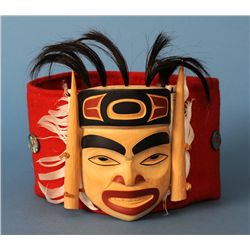 Shaman's Headdress with Carved Ash Wood Frontlet by George Pennier 6 3/4" H.  Fine Condition