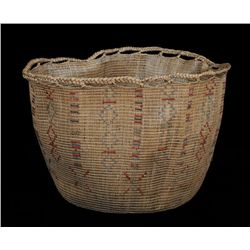 Attu Woven Grass Basket with Wool Imbricated Geometric Design 15" D. 10 1/2" H.  Good Condition with