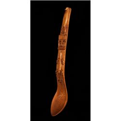 Lummi Potlatch Spoon ca. 1930's Carved with Mask, Whale and Lizard Biting Lizard 18" L. 2 3/4" W.  G