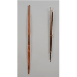 Tlingit Wood Bow 40" L. with Six Arrows, Five Metal Tipped 30" L.   Good Condition