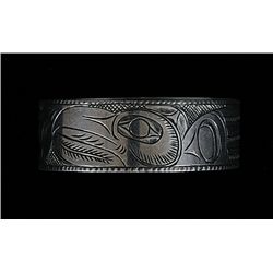 19TH C. Tlingit Silver Napkin Ring with Incised Thunderbird Design 1 3/4" D. 5/8" H. Fine Condition