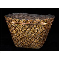 Fully Imbricated 19TH C. Chilcotin Burden Basket with Geometric Diamond Design and Willow Strip 18"