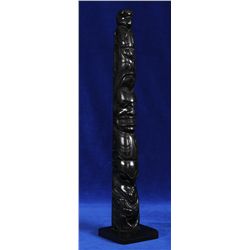 Haida Argillite Totem Attributed to Paul Jones ca. 1900 with Eagle Holding Halibut, Dogfish and Griz
