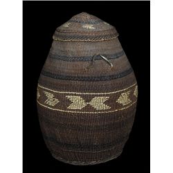 Siletz Lidded Basket ca. 1900 with Imbricated Arrow Design 20" H. 14" D.  Good Condition