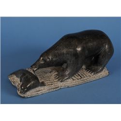 Inuit Bear and Seal Soapstone Sculpture Signed in Syllabic and Dated 1974  12 1/2" L. 5" W.  Good Co