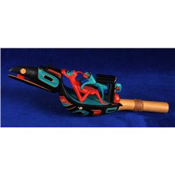 Northwest Coast Raven Rattle with Frog Passing Information To Reclining Shaman - Carved Yellow Cedar