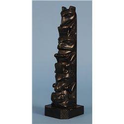 Haida Argillite Totem Carved by Tim Pearson with Thunderbird, Beaver and Killer Whale 12" H.  Good C