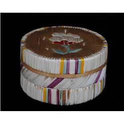 Birch Bark and Quill Work Lidded Baskets with Floral Design 4 1/2" D. 1 1/2" H.  Good Condition with