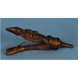 19TH C. Tlingit Halibut Hook Depicting a Raven with Four Spirit Figures, Spruce Root Wound with Iron