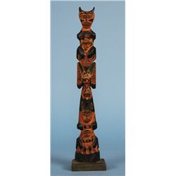 Tlingit Totem Carved with Five Figures ca. 1910  16 1/2" H. 3 1/2" W. Base  Good Condition