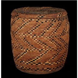 Large Salish Lidded Basket with Zigzag and Banded Imbricated Design ca. 1900  18" D. 18" H.  Good Co