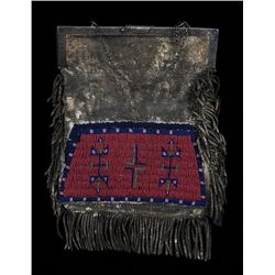 Plains Beaded Bag ca. 1890 with Geometric, Floral and Rolling Log Design 13" H. 10 1/2" W.  Good Con