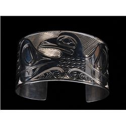 Large Silver Bracelet with Incised Eagle Design by Richard Baker 76 GMS 7 1/8" L. 1 3/4" W.  Fine Co